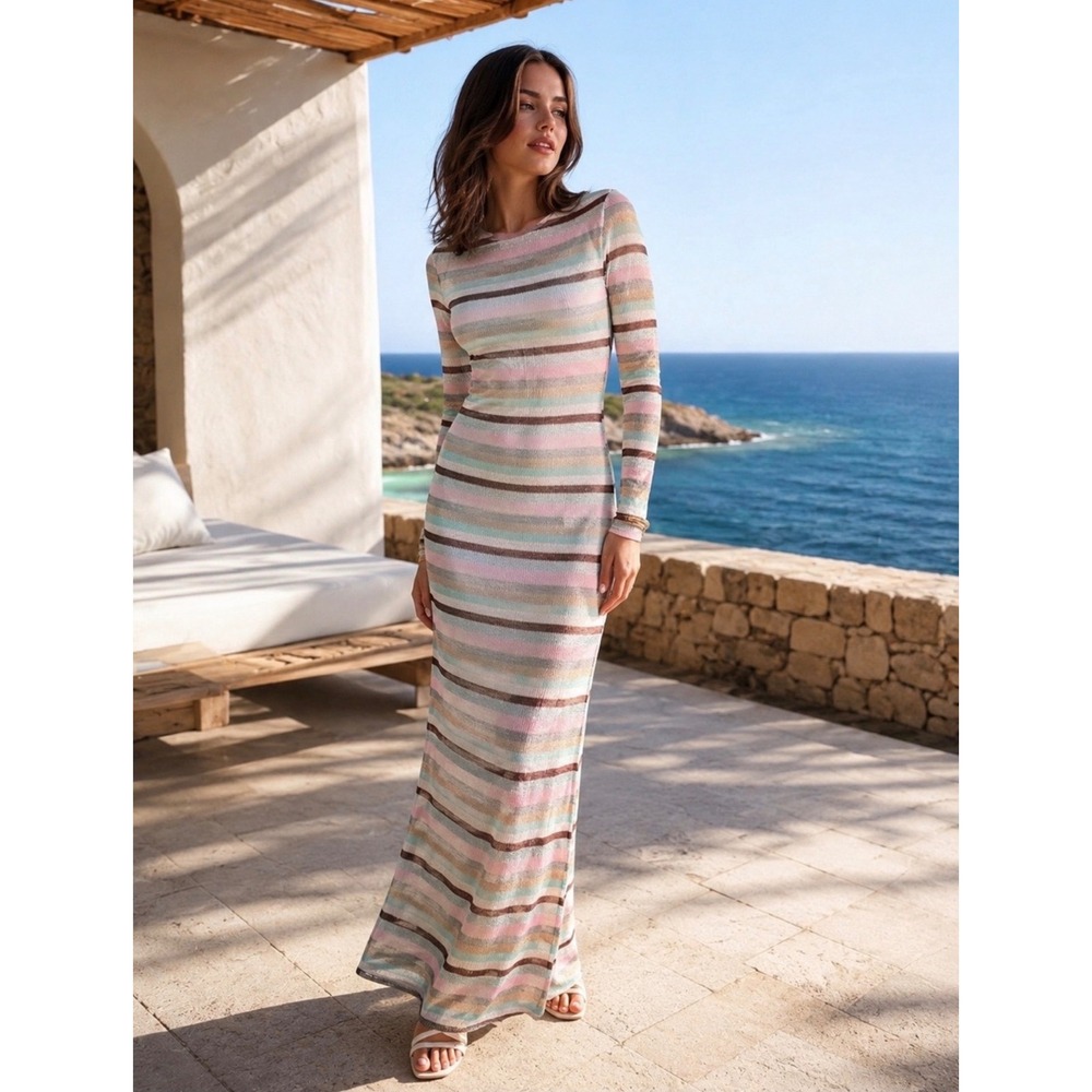 Zara Metallic Striped Mesh Maxi Dress Long Sleeve Color 1131/816/330 M AS IS